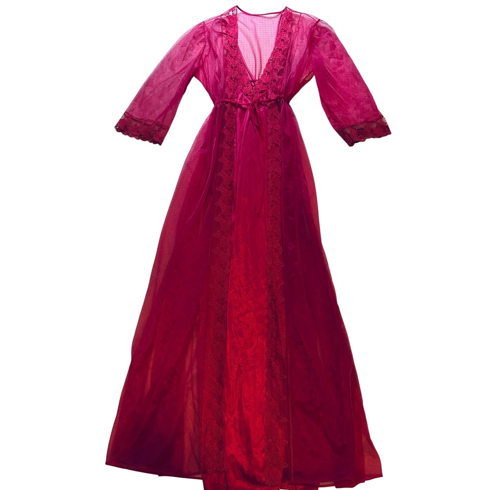 Vintage Pandora Lingerie Chic Large 31X55" Magenta Lace Maxi Robe Nightgown Set
